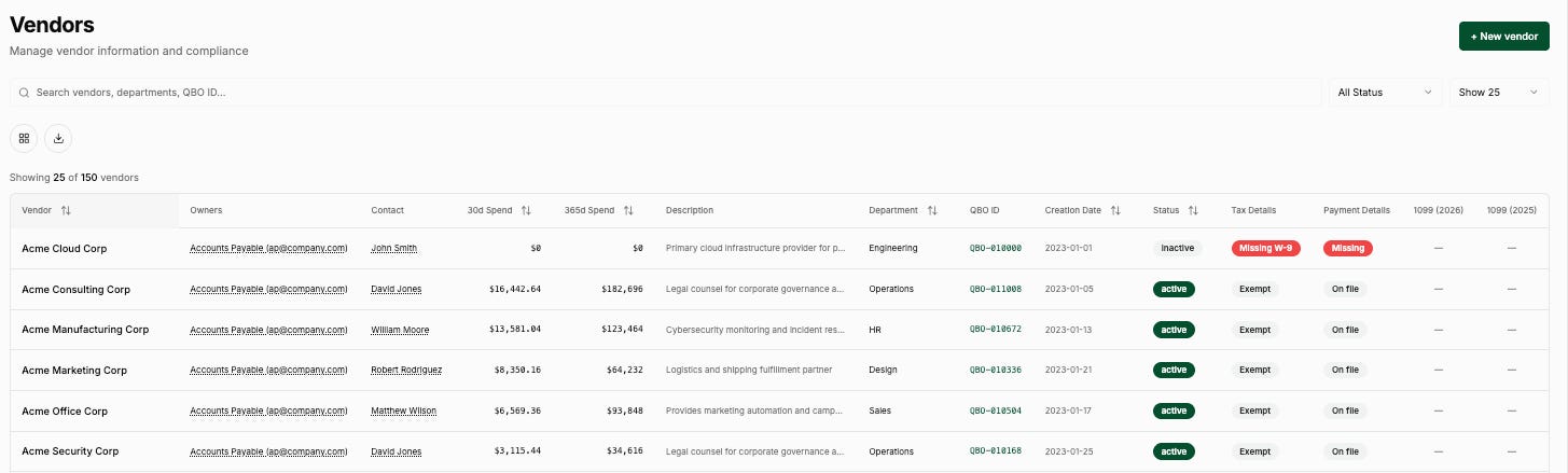 TenKey vendor management dashboard showing structured AP data