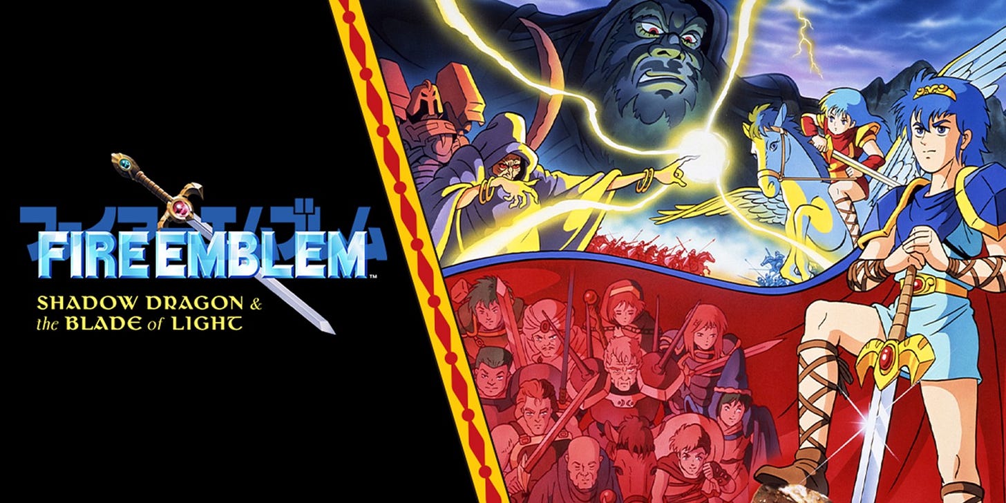 Promotional art for Nintendo's Switch release of Shadow Dragon and the Blade of Light, featuring the game's logo on the left, and many of the game's primary characters on the right, including Marth in his classic 1990 attire at the forefront.