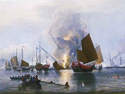 The East India Company iron steam ship Nemesis (right background), commanded by Lieutenant W. H. Hall, with boats from the Sulphur, Calliope, Larne and Starling, destroying the Chinese war junks in Anson’s Bay.