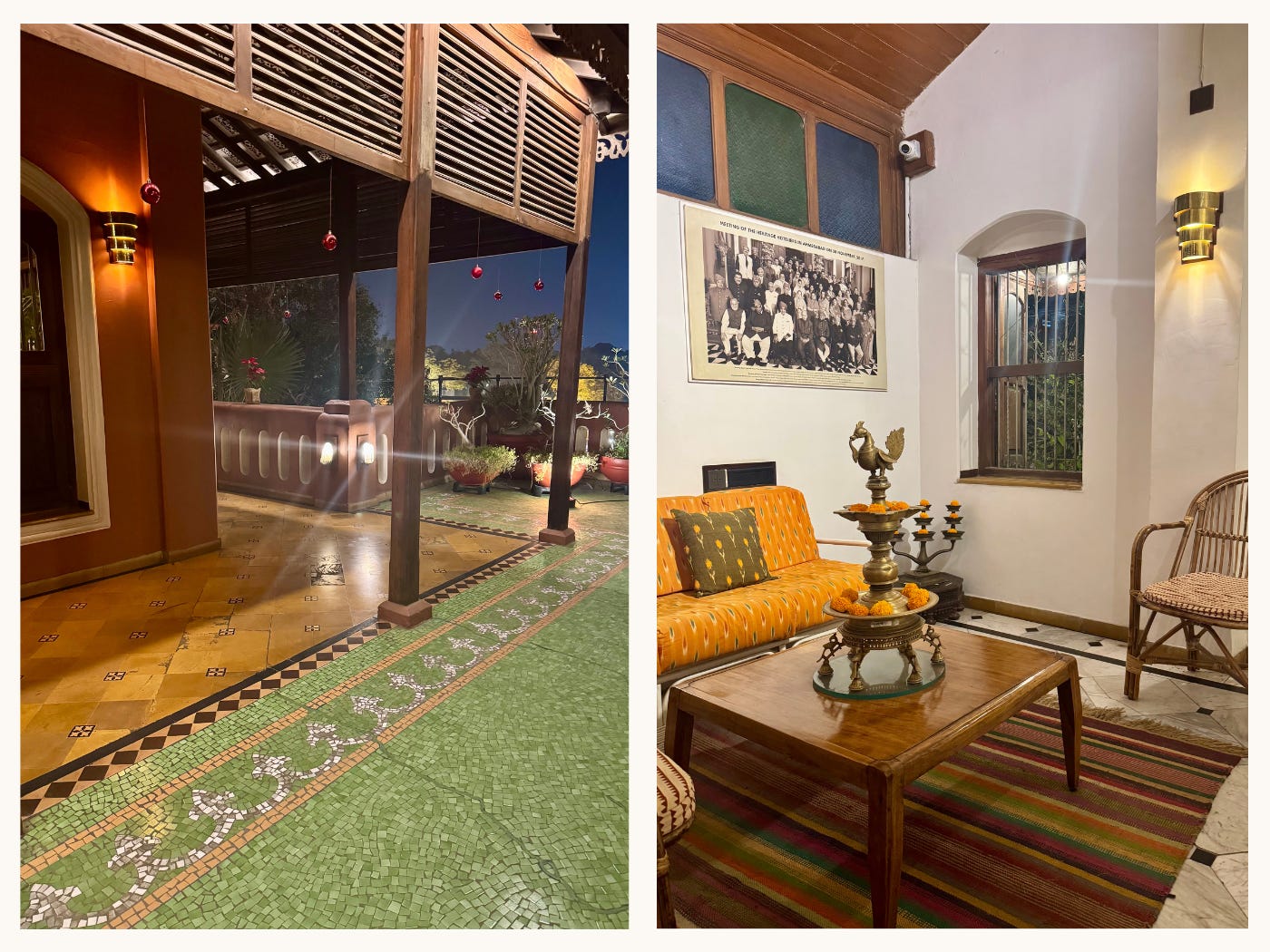 Two interior photos of a heritage-style restaurant space with patterned floors, wood elements, and a seating area.