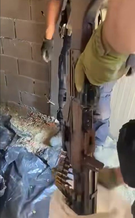 Screengrabs from a video released by Kosovan Interior Minister Xhelal Sveçla show the discovery of a hidden weapons cache inside the home of Kosovar Serb politician Aleksandar Arsenijević, who had previously been investigated by The Gunpowder Chronicles. The footage reveals assault rifles, belt-fed machine guns, ammunition, and other military equipment concealed in underground storage.