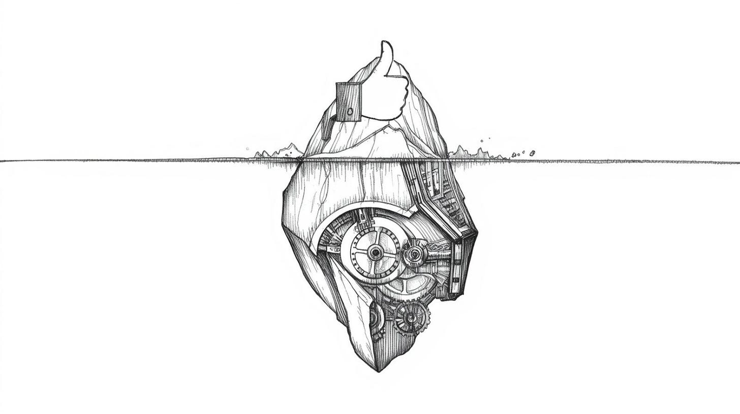 Iceberg with thumbs-up above water hiding a massive gear engine below

