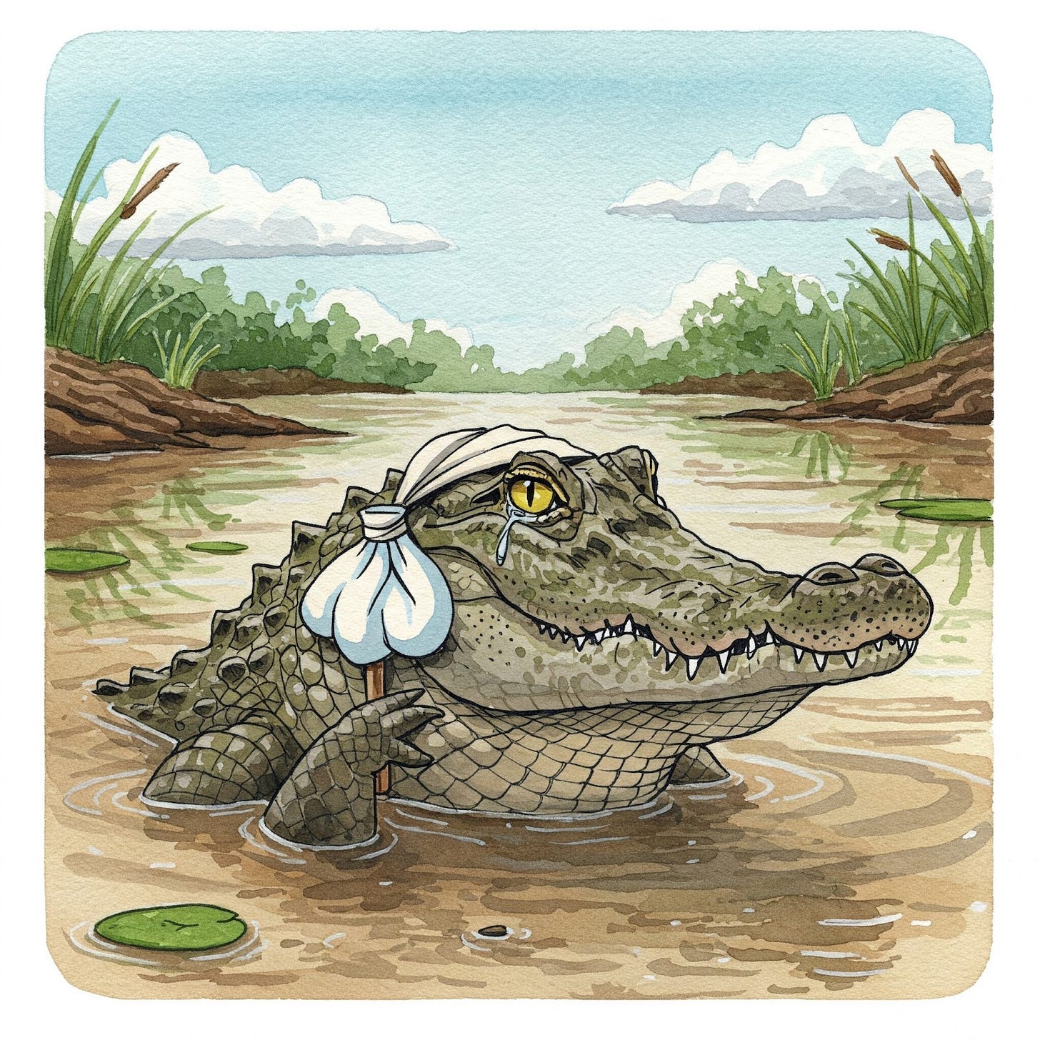 Image of a gator with a toothache with an ice pack tied to his jaw.