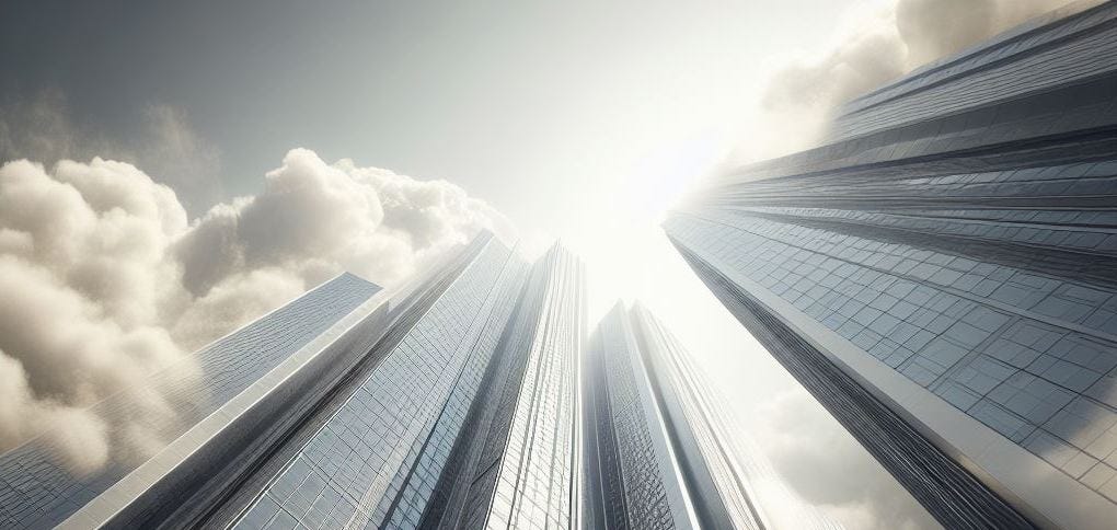 Steel buildings reaching through the clouds