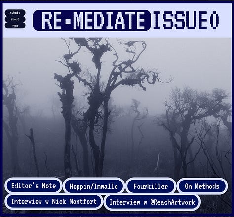 Three images of the covers of three issues of Remediate— issue 0, issue 1, and issue 2. The covers are blue, red, and green respectively.