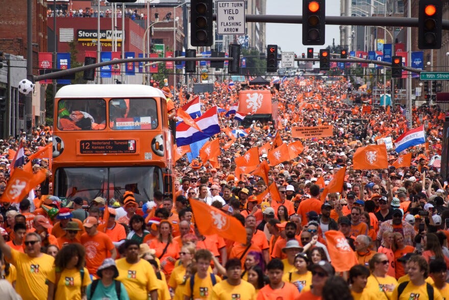 Thousands filled the streets of downtown Kansas City for the Oranje Fanwalk before the Netherlands vs Tunisia match on June 25, 2026.