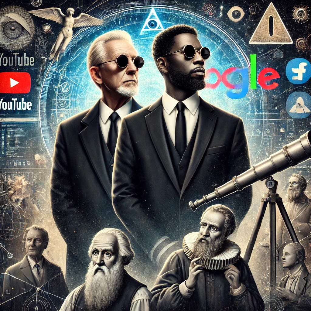 An image featuring two government agents reminiscent of the Men in Black, facing away from the viewer. One agent is white and older, in his late 50s, and the other is black, in his mid-30s. Both are dressed in black suits, white shirts, and black ties. In the background, include elements of modern technology such as logos of YouTube, Google, and AI icons, alongside historical figures like Galileo looking through his telescope. The scene should blend the old and new, showing the evolution of knowledge and technology over time. The overall atmosphere should be a mix of mystery and progress.