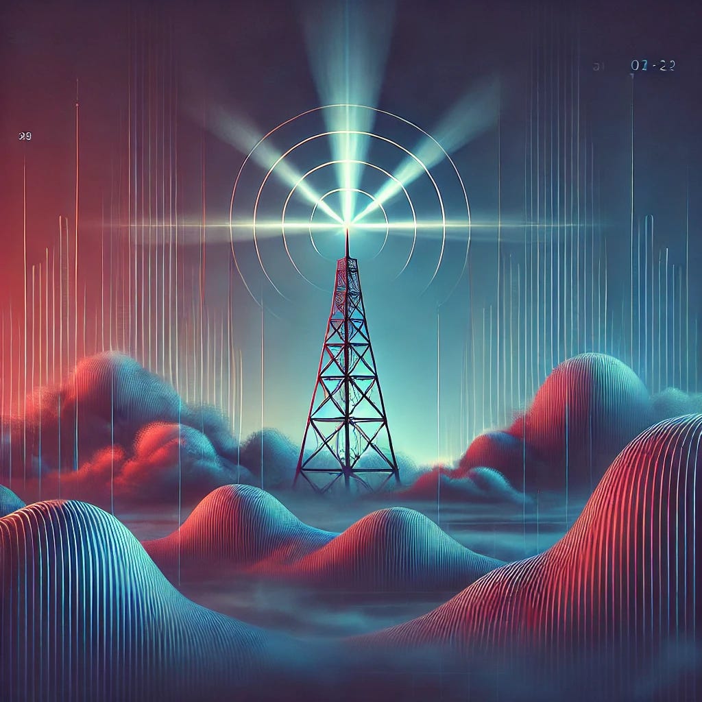 image of a tower emitting a blue signal ray indicating sending the signal to audiences