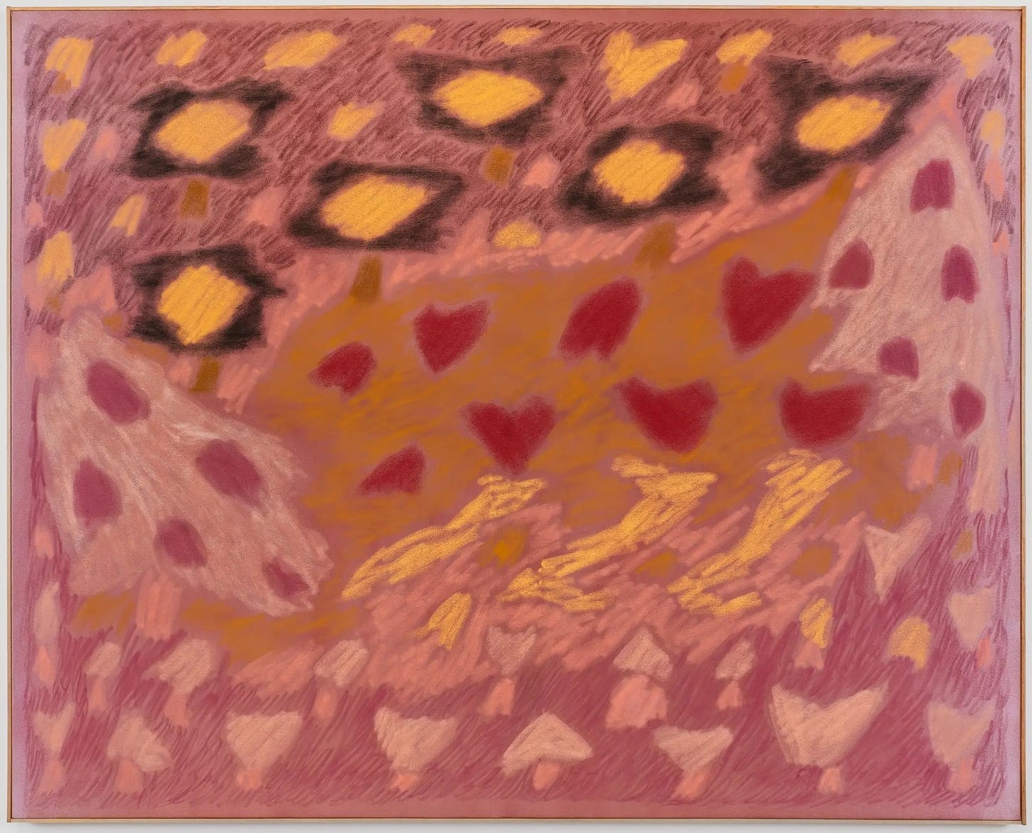 Larissa Lockshin, Untitled (Clear Destination), 2025. Oil and soft pastel on dyed pink satin: rows of dark, almost black blots edged in orange across the top, dissolving into a field of soft pink and peach marks below, in a thin wooden frame. Larissa Lockshin, Untitled (Clear Destination), 2025. Oil and soft pastel on dyed pink satin: rows of dark, almost black blots edged in orange across the top, dissolving into a field of soft pink and peach marks below, in a thin wooden frame.