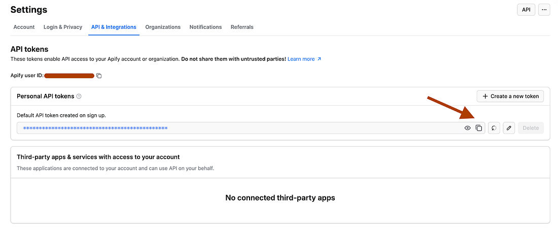 Apify console integrations page showing where to find and copy your free API key