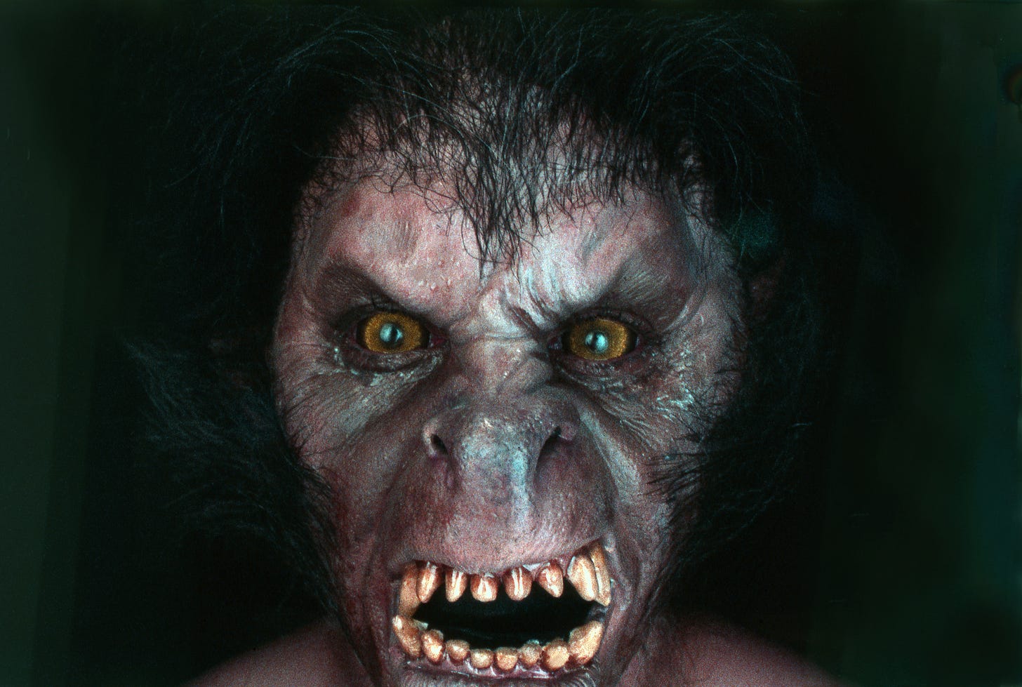 close up of werewolf; distorted big mouth with dangerous looking teeth