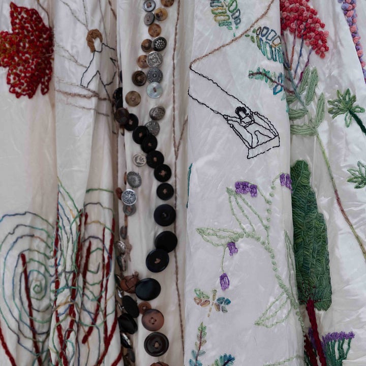Colorful diptych of a pile of buttons on the left and an embroidered dress on the right.