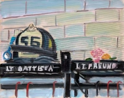 A painting of a helmet and some flowers on top of a memorial. A painting of a helmet and some flowers on top of a memorial.