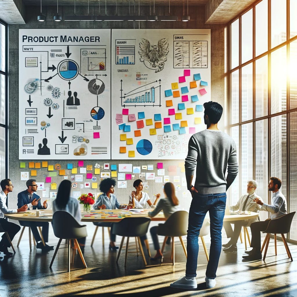 A broad perspective of an office scene depicting a product manager, a Hispanic man, brainstorming ideas that align with organizational goals. He is standing in front of a large whiteboard, filled with colorful sticky notes, diagrams, and bullet points. The office is spacious and modern, with a collaborative workspace including a round table with chairs, where a diverse group of colleagues (including Caucasian, Black, and Asian individuals of mixed genders) are engaged in a discussion. The environment is dynamic and creative, with large windows providing natural light and a view of a bustling city outside.