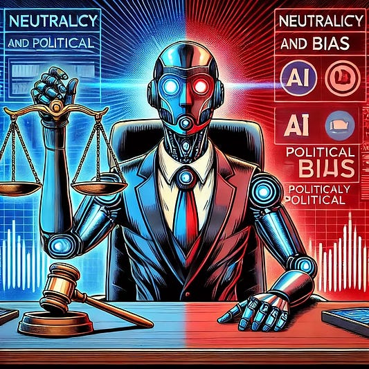 Alt text: A comic book-style illustration of a futuristic AI-powered robot sitting at a desk, holding a judge’s gavel in one hand and a scale in the other, symbolizing political bias. The background is split into two colors, blue and red, representing left-wing and right-wing ideologies. The robot’s eyes glow, and digital screens around it display controversial political topics and news headlines, highlighting the conflict between neutrality and bias in AI. Alt text: A comic book-style illustration of a futuristic AI-powered robot sitting at a desk, holding a judge’s gavel in one hand and a scale in the other, symbolizing political bias. The background is split into two colors, blue and red, representing left-wing and right-wing ideologies. The robot’s eyes glow, and digital screens around it display controversial political topics and news headlines, highlighting the conflict between neutrality and bias in AI.