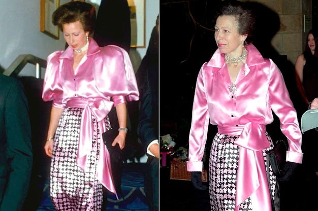 Princess Anne wearing a pink shirt in 1984 and then 15 years later