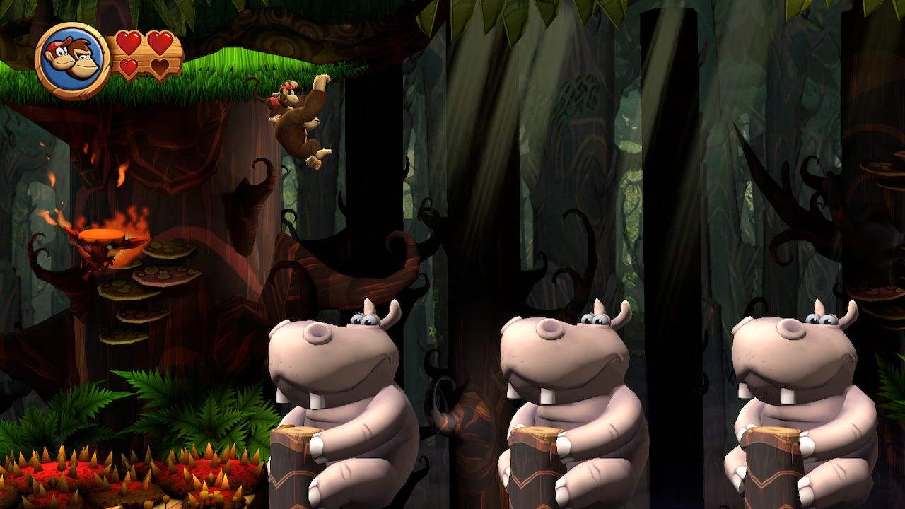 DKCR screenshot. DK is hanging from a grass roof with Diddy Kong on his back. There are three hippos balancing logs upright in a row.