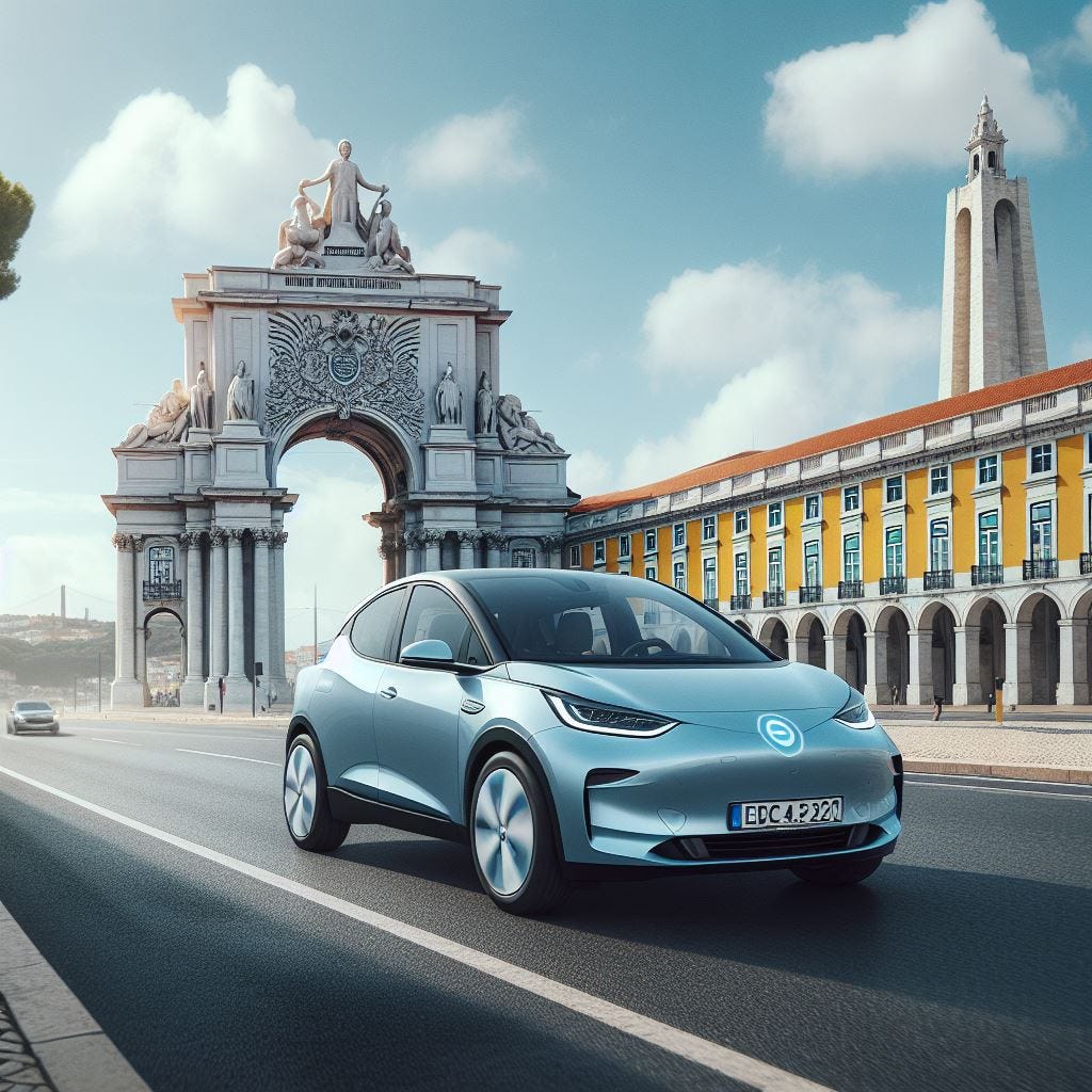 Un coche eléctrico color azul claro circulando por la calzada con un monumento de Lisboa detrás