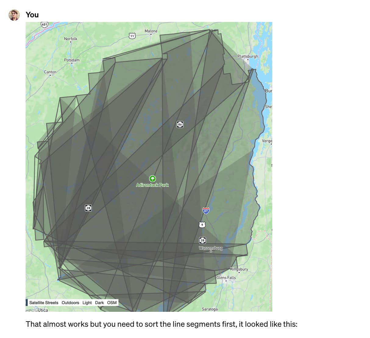 That almost works but you need to sort the line segments first, it looked like this: an a screenshot of a map