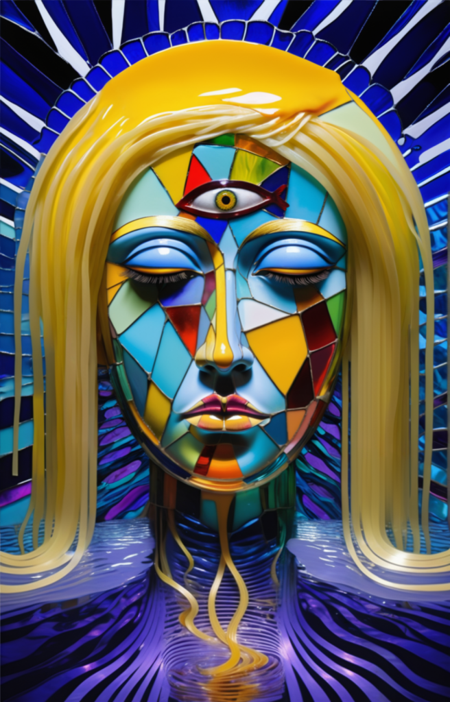 a portrait of a woman with three eyes, one of which is opened and positioned in the center of her forehead, with american cheese melted on her noodle hair