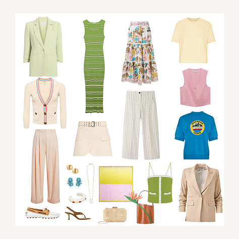 Capsule items for the Spring palette with a selection of resulting outfits