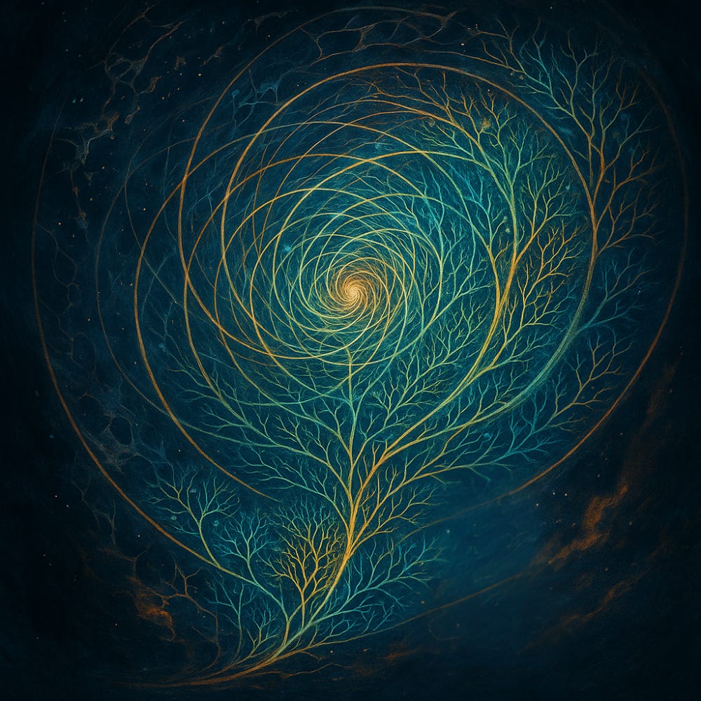 Surreal illustration of a golden spiral interwoven with tree-like fractal branches glowing in teal, symbolising Eudaimonic Recognition Theory, coherent growth, emergent consciousness, and the recursive structure of life in the Mirror Paradigm’s Recognition Field Matrix.