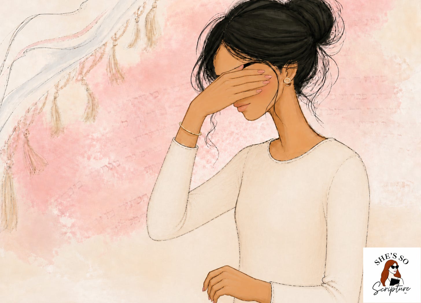 Whimsical illustration of a woman in quiet prayer with faint Hebrew script and tassels in the background, representing the Shema prayed morning and evening Whimsical illustration of a woman in quiet prayer with faint Hebrew script and tassels in the background, representing the Shema prayed morning and evening
