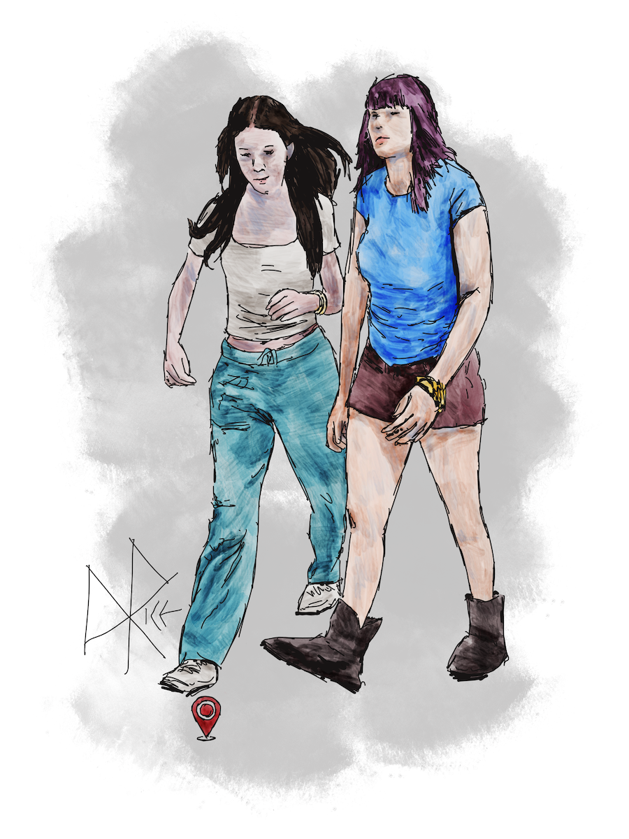Nearing collision due to matter impenetrability, two teen girls walk briskly toward an intersecting point. Sketch art by Don Rice. Nearing collision due to matter impenetrability, two teen girls walk briskly toward an intersecting point. Sketch art by Don Rice.