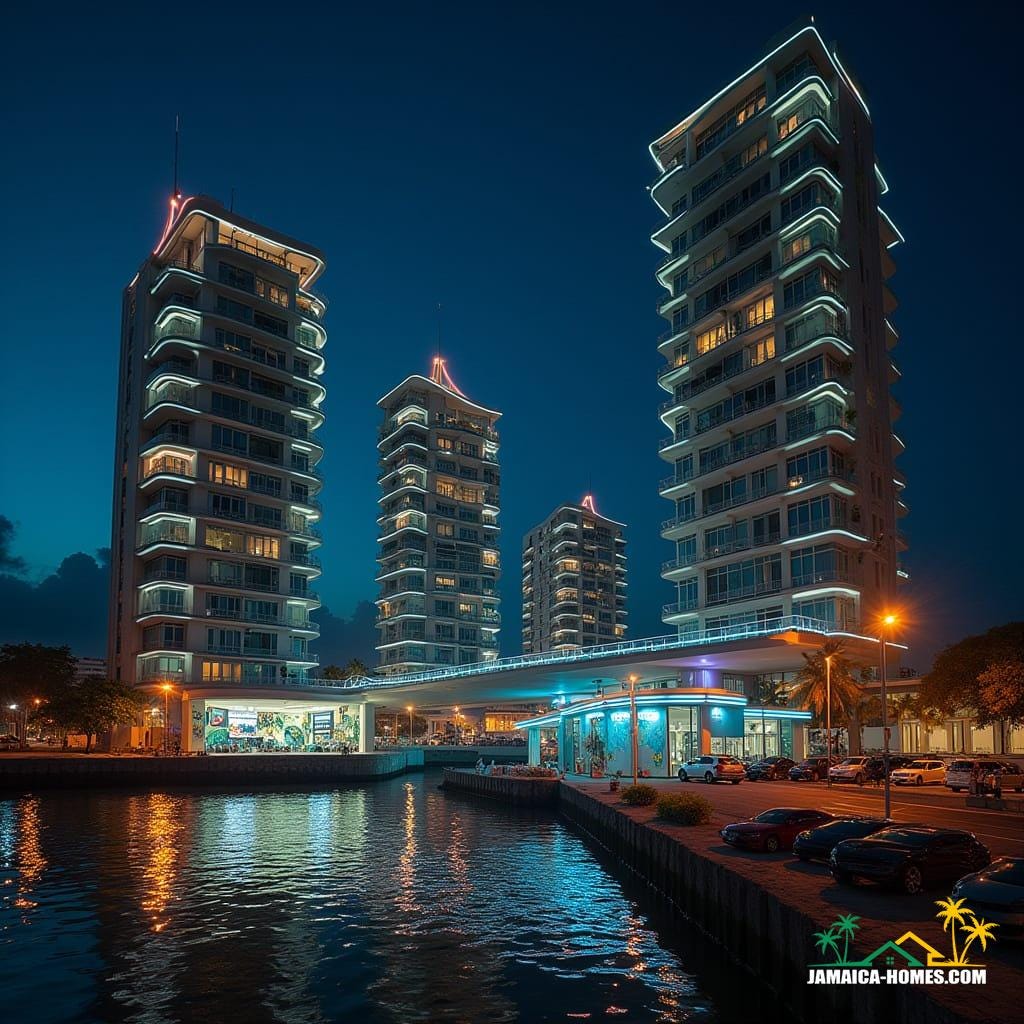 Glowing Kingston waterfront at night, futuristic condos with neon edges, illuminated skybridges, cars parked below, reflections on Caribbean Sea, Jamaican flags, murals, and reggae posters, cinematic lighting, shot on 35mm film with v-raptor XL, film grain, vignette, color graded, post-processed, inspired by the dramatic styles of Denis Villeneuve, Roger Deakins, and Emmanuel Lubezki.