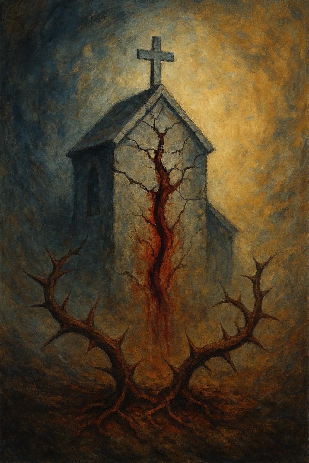 A painting of a church with a cross and a broken wall

AI-generated content may be incorrect.