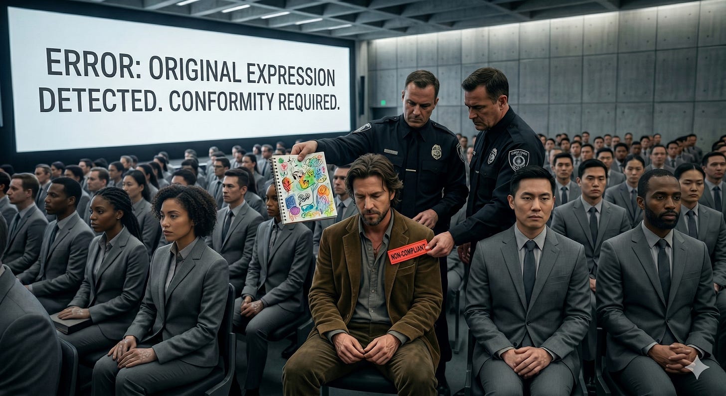 Metaphorical image of a man being punished for authentic expression, receiving a non-compliance ticket in a room full of copy-and-paste society workers. Metaphorical image of a man being punished for authentic expression, receiving a non-compliance ticket in a room full of copy-and-paste society workers.