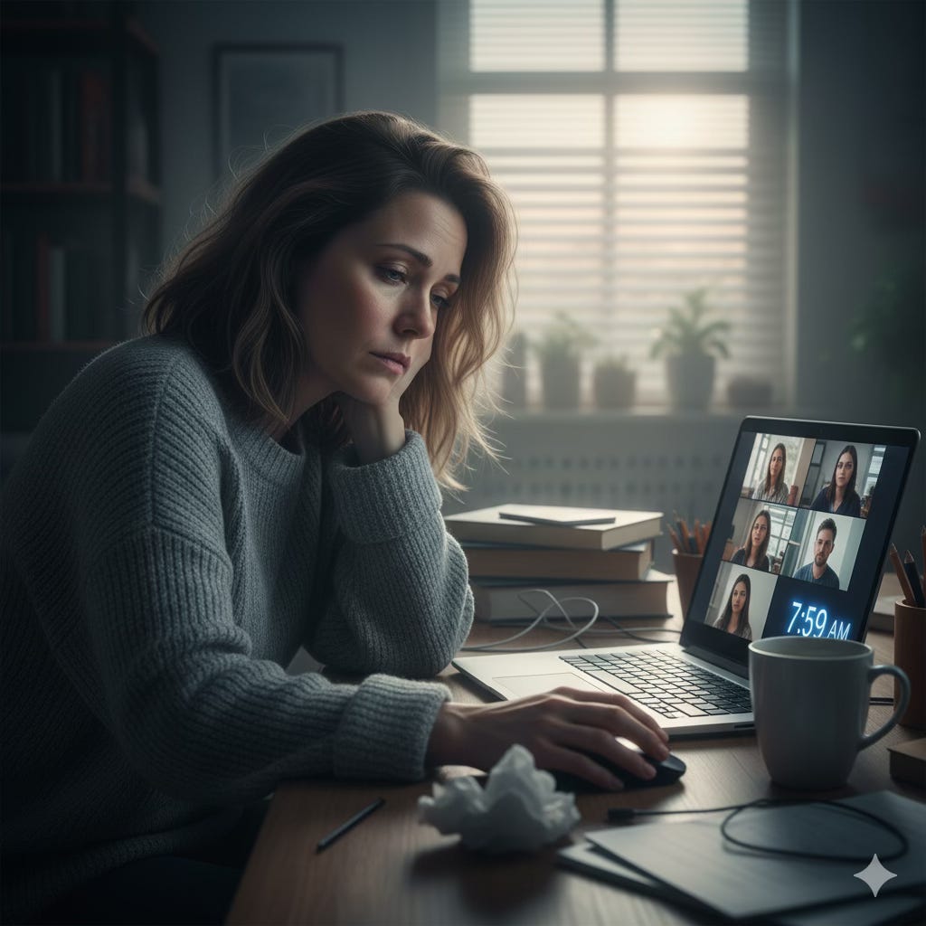 A tired-looking woman with long, light brown hair, wearing a gray sweater, rests her chin on her hand and gazes disengaged at a laptop screen during an early morning video call. The screen, displaying multiple video participants and a clock showing "7:59 AM," casts a cool light on her face in the dimly lit room. A white coffee mug and a crumpled piece of paper are on the desk beside her. A tired-looking woman with long, light brown hair, wearing a gray sweater, rests her chin on her hand and gazes disengaged at a laptop screen during an early morning video call. The screen, displaying multiple video participants and a clock showing "7:59 AM," casts a cool light on her face in the dimly lit room. A white coffee mug and a crumpled piece of paper are on the desk beside her.