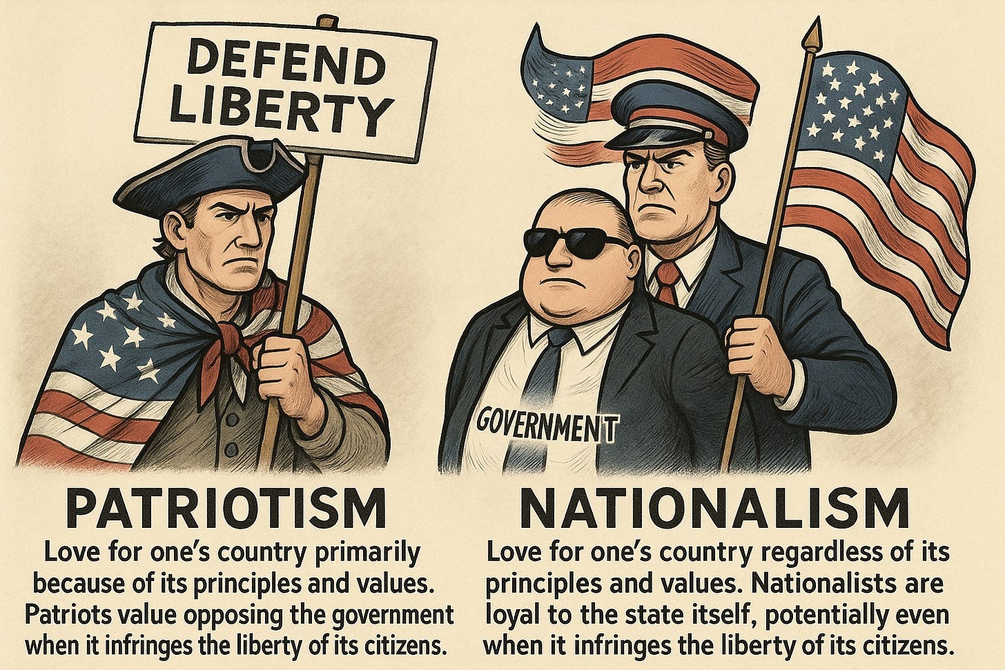 May be an image of text that says 'DEFEND LIBERTY a GOVERNMENT PATRIOTISM Love for one's country primarily because of its principles and values. Patriots value opposing the government when it infringes the liberty of its citizens. NATIONALISM Love for one's country regardless of its principles and values. Nationalists are loyal to the state itself, potentially even when it infringes the liberty of its citizens.'