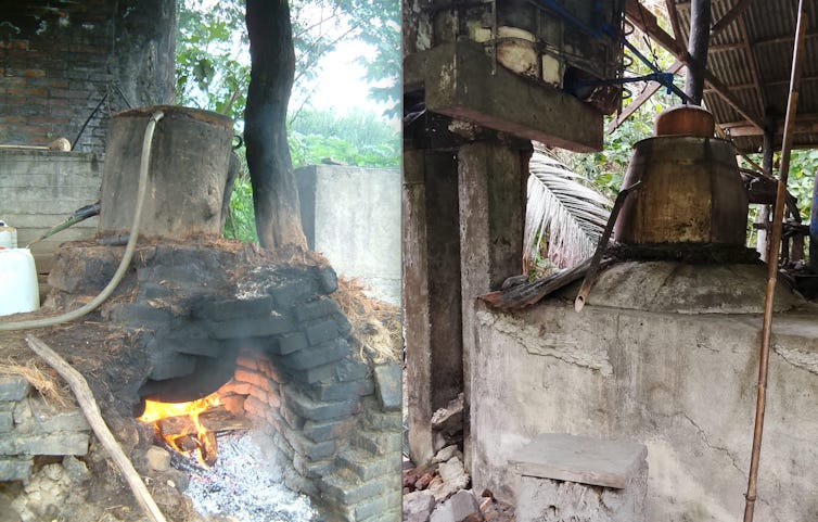 Side by side images of metal distilling containers with tubes emerging from each of them. Side by side images of metal distilling containers with tubes emerging from each of them.