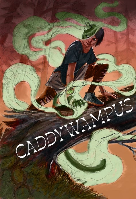 a series of color combinations for a girl standing on a log with parts of her face and hand turning into a cougar with mist surrounding her.