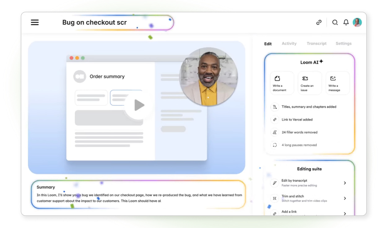 Loom AI 自動精煉、彙整影片內容示意 Loom AI 自動精煉、彙整影片內容示意