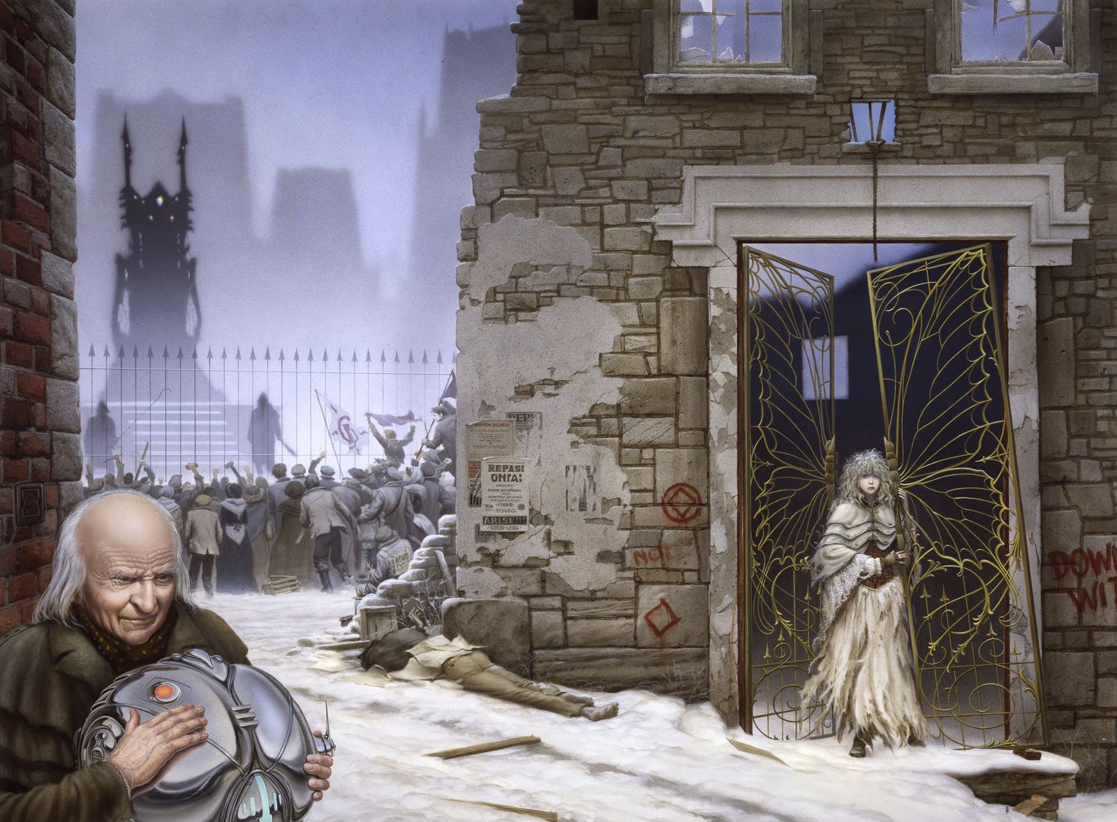 A pretty young woman with disheveled white hair and tattered skirts emerges through a gate, delicately wrought in bronze and patterned with butterfly wings. One half hangs askew, falling off its hinges. On the wall next to Eliste, Posters with calls for revolution are pasted on plaster partially covering the uneven stones. Red diamonds are spray painted there. Opposite the doorway graffiti reading "DOWN WITH" cuts off at the right panel edge. A body lays face down in the snow covered street. A view through an alley reveals a raucous crowd gathered at an iron fence. Beyond, a pair of robed figures, executioners, stand on either side of stairs leading up to platform where the silhouette of a strange device rises, dark and menacing against the hazy gray city background. The shape of it suggests a figure, malevolent sentience, with white dotted eyes and the peak and fringe of a headdress suggesting the shape of a head while buttresses at each side could be arms. A pretty young woman with disheveled white hair and tattered skirts emerges through a gate, delicately wrought in bronze and patterned with butterfly wings. One half hangs askew, falling off its hinges. On the wall next to Eliste, Posters with calls for revolution are pasted on plaster partially covering the uneven stones. Red diamonds are spray painted there. Opposite the doorway graffiti reading "DOWN WITH" cuts off at the right panel edge. A body lays face down in the snow covered street. A view through an alley reveals a raucous crowd gathered at an iron fence. Beyond, a pair of robed figures, executioners, stand on either side of stairs leading up to platform where the silhouette of a strange device rises, dark and menacing against the hazy gray city background. The shape of it suggests a figure, malevolent sentience, with white dotted eyes and the peak and fringe of a headdress suggesting the shape of a head while buttresses at each side could be arms.