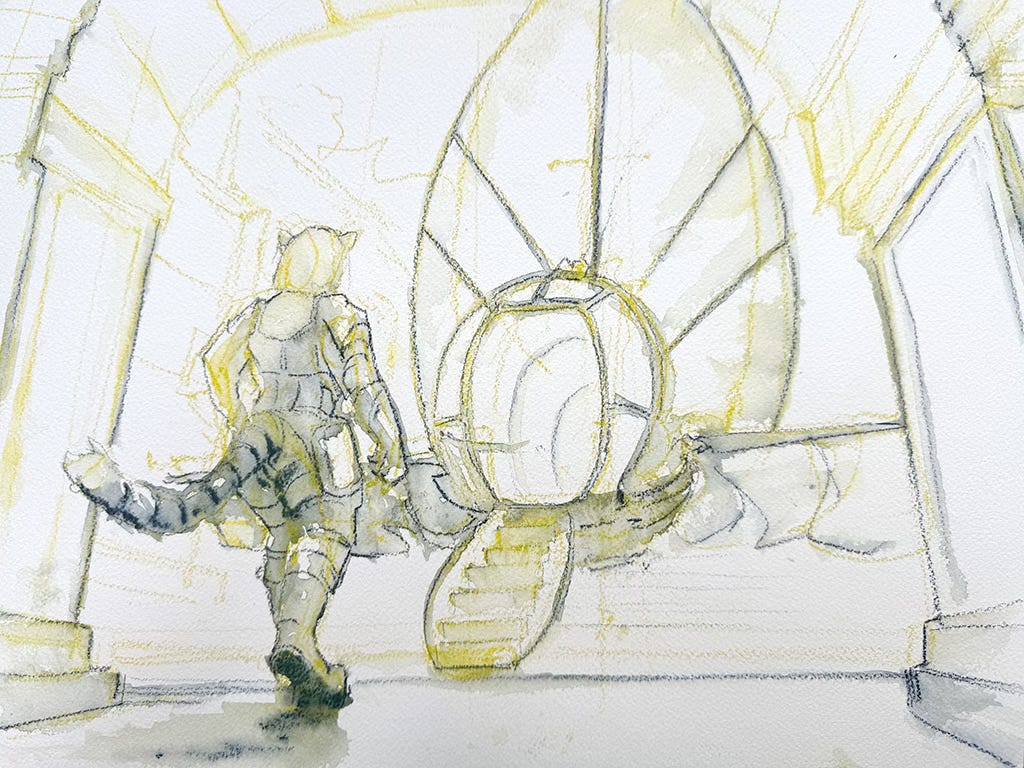 image of were-tiger leaving a temple and boarding a mysterious flying sailcraft by charles merritt  houghton in watercolor