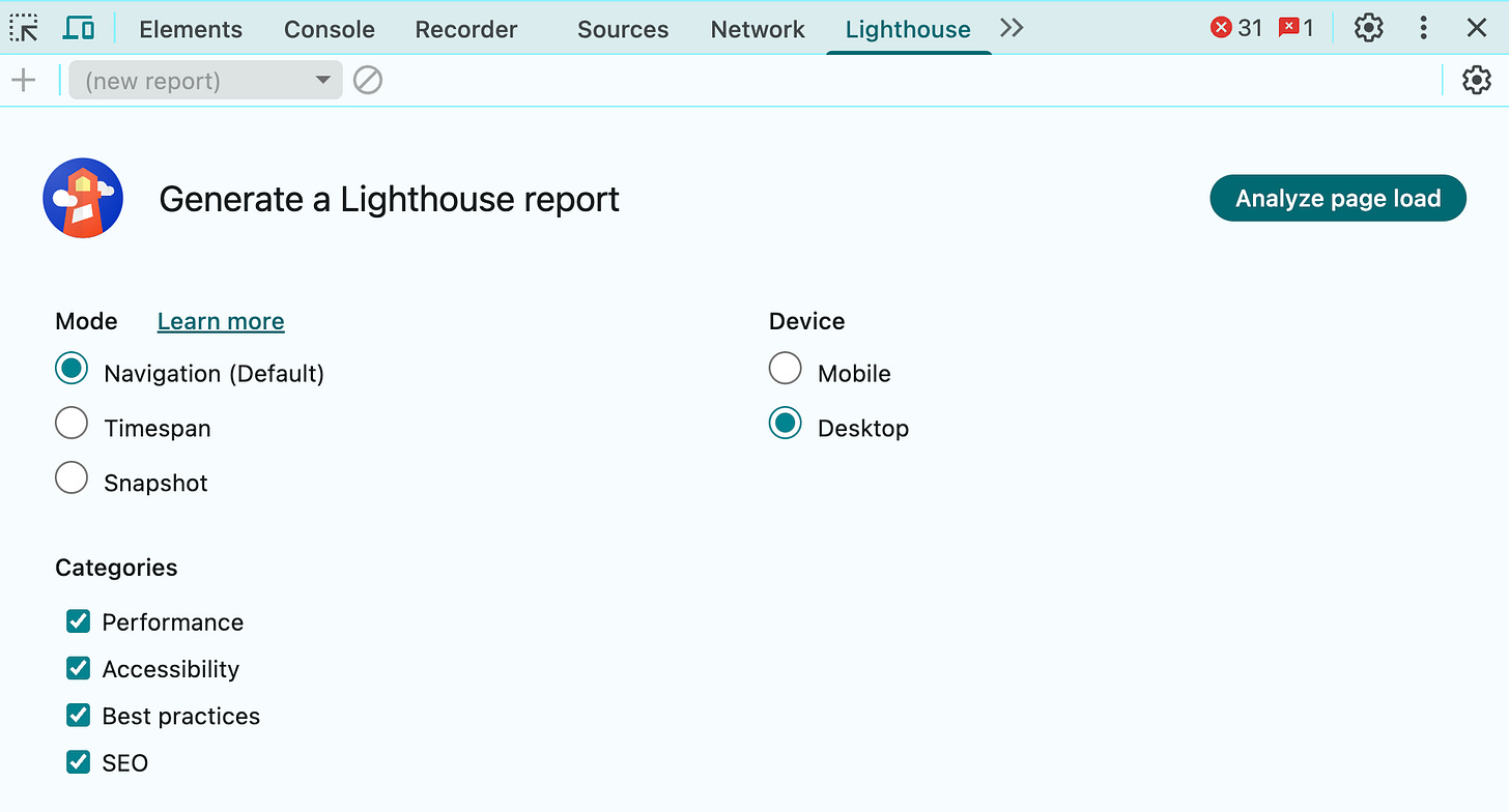 Screenshot image of the Lighthouse tab