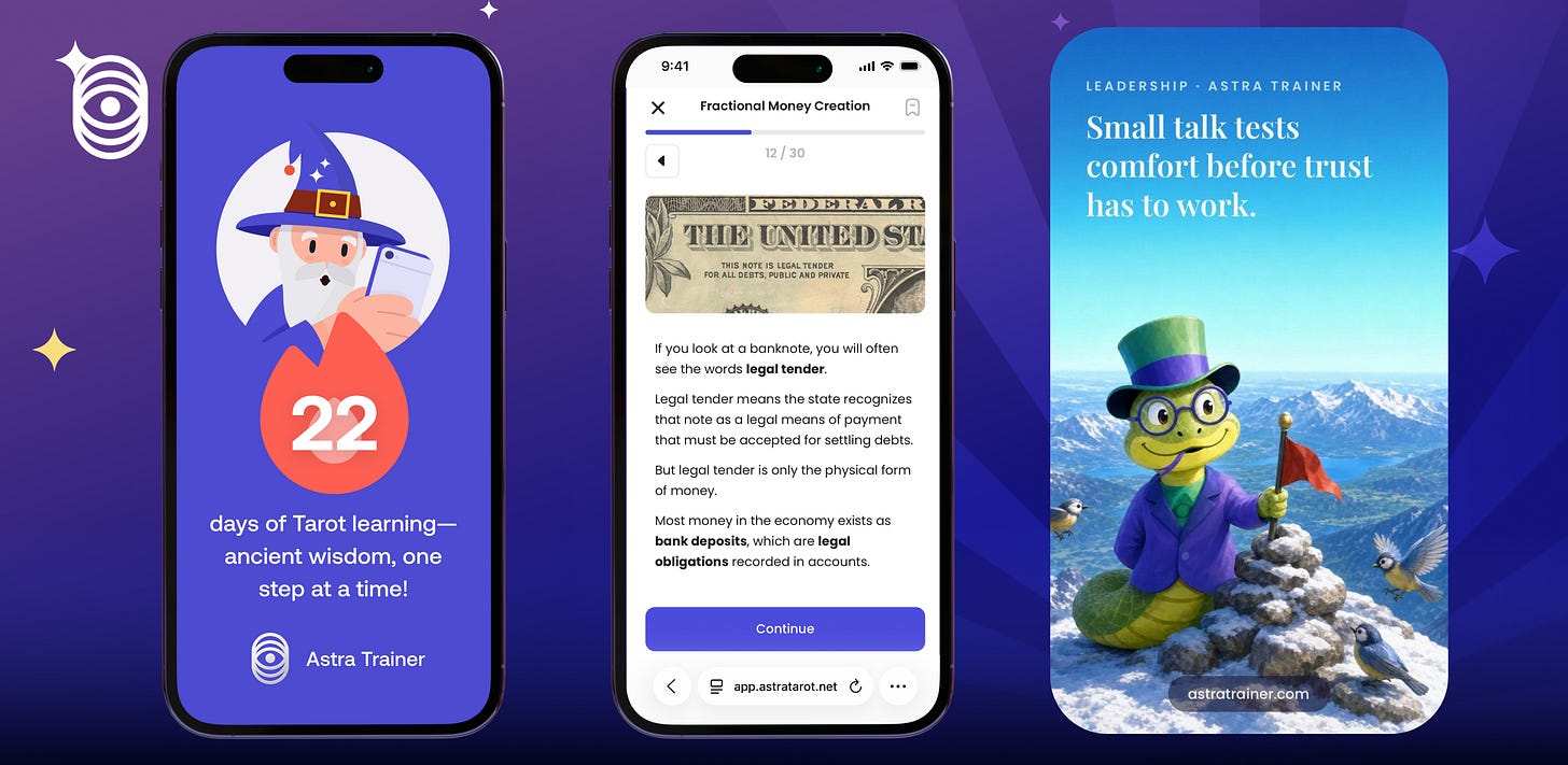 Three phone screens from the twenty two day Tarot course, with the lizard mascot standing on a mountain. Three phone screens from the twenty two day Tarot course, with the lizard mascot standing on a mountain.