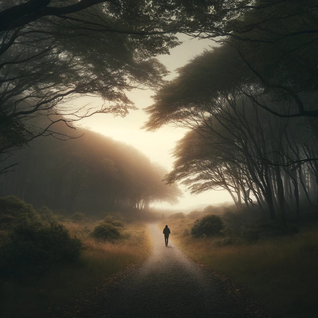 Una imagen serena de un paisaje natural, con un camino tranquilo que se adentra en un bosque frondoso. El ambiente debe transmitir paz y reflexión, con un cielo parcialmente nublado que simboliza el silencio y la sabiduría. Una figura solitaria caminando por el camino añade un sentido de introspección.