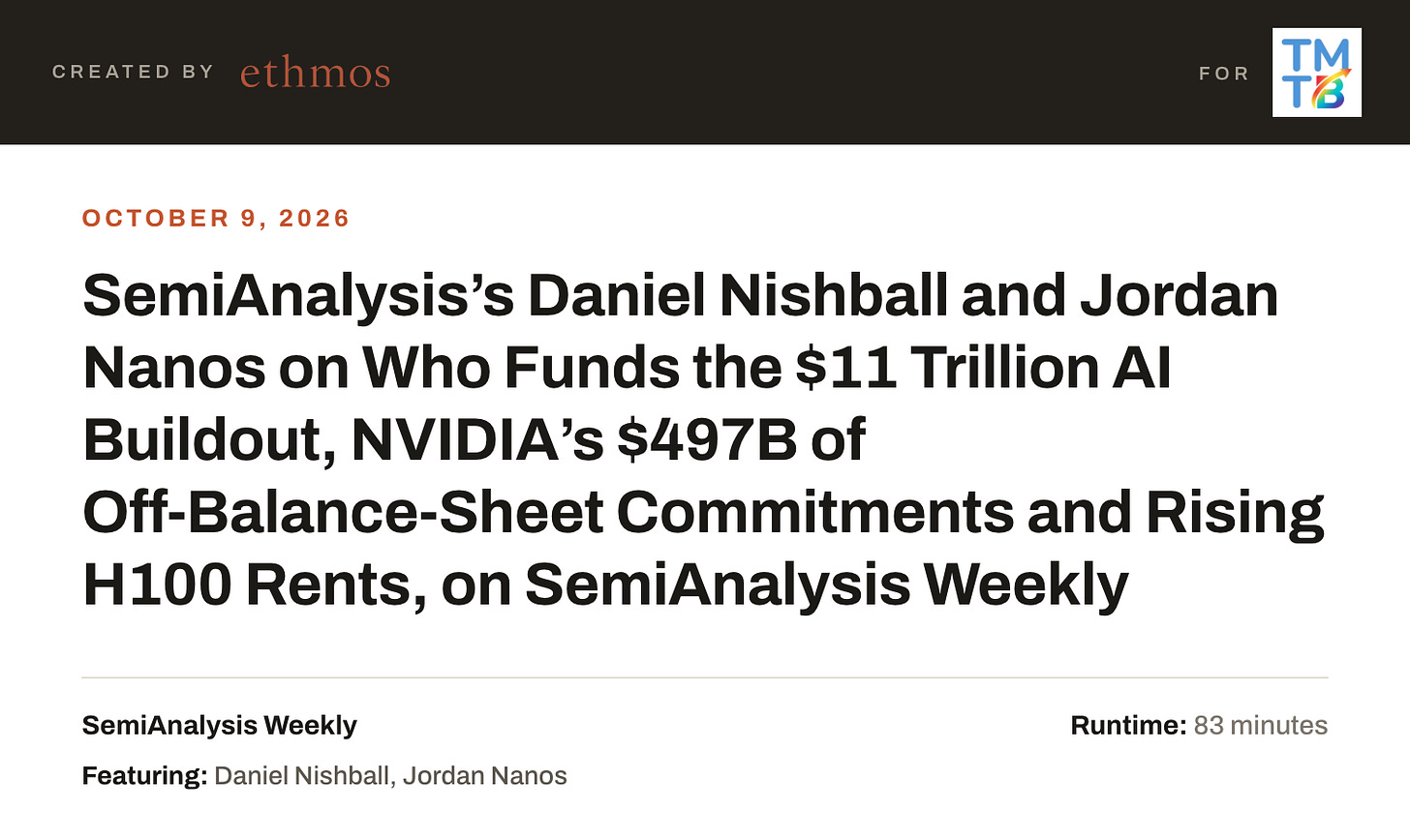 SemiAnalysis’s Daniel Nishball and Jordan Nanos on Who Funds the $11 Trillion AI Buildout, NVIDIA’s $497B of Off-Balance-Sheet Commitments and Rising H100 Rents, on SemiAnalysis Weekly SemiAnalysis’s Daniel Nishball and Jordan Nanos on Who Funds the $11 Trillion AI Buildout, NVIDIA’s $497B of Off-Balance-Sheet Commitments and Rising H100 Rents, on SemiAnalysis Weekly