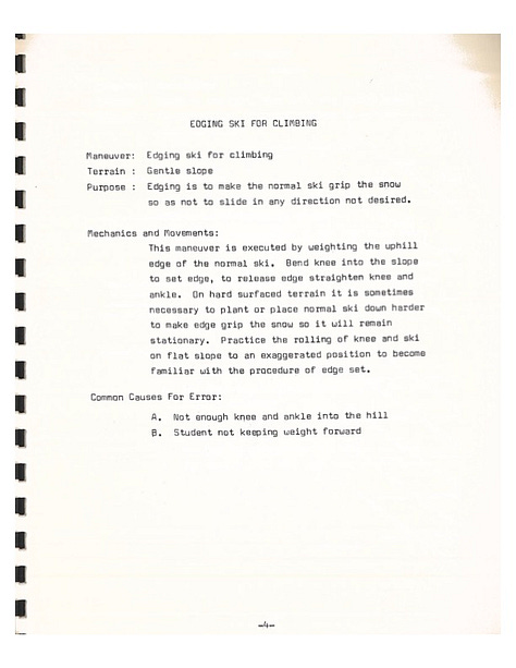 Three images, all scans from a book published in 1965. Left: a black-and-white image of Hal Schroeder, an amputee skier; and Lee Perry, a non-disabled skier, both founders of the Flying Outriggers ski club. Center: A page of text describing how to edge a ski for climbing uphill. Right: A drawing shows the process of angulating the leg and edging the ski.