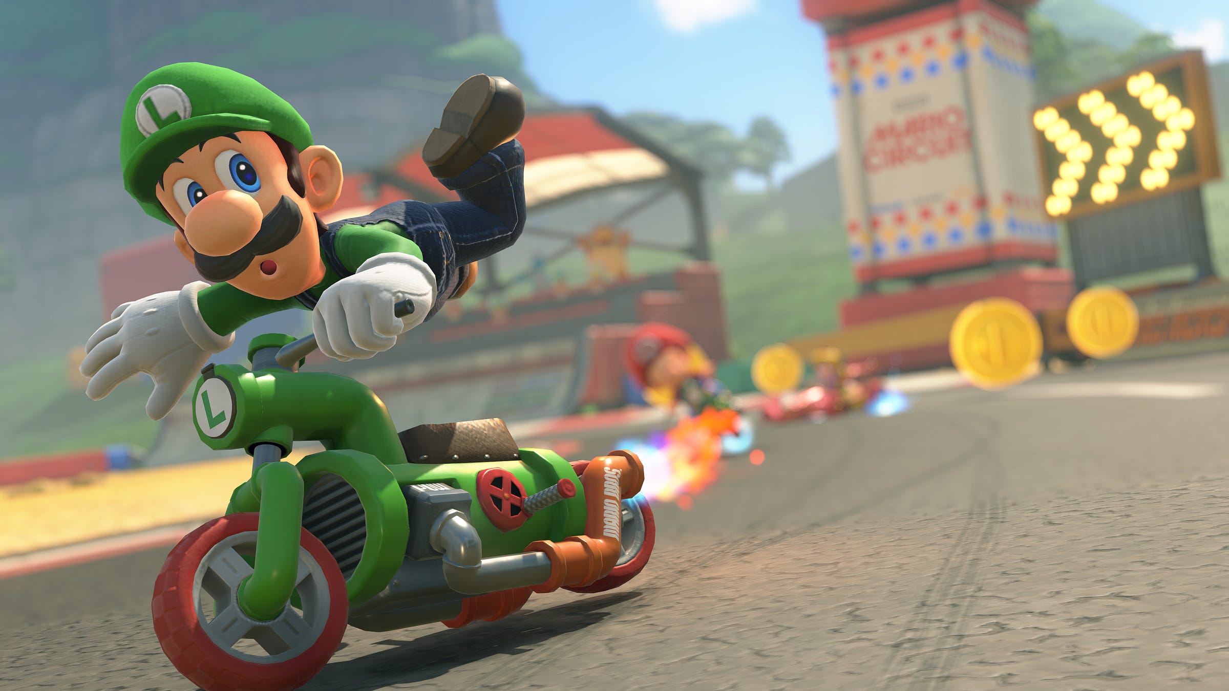 Video game screenshot of Nintendo character Luigi on a green motorcycle. It's going so fast that his body is flying off the bike, as he holds on to the handlebars