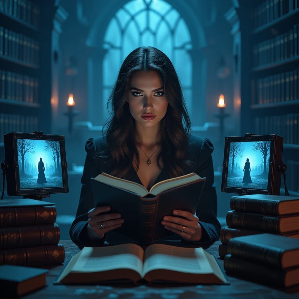 Reader glancing up from research