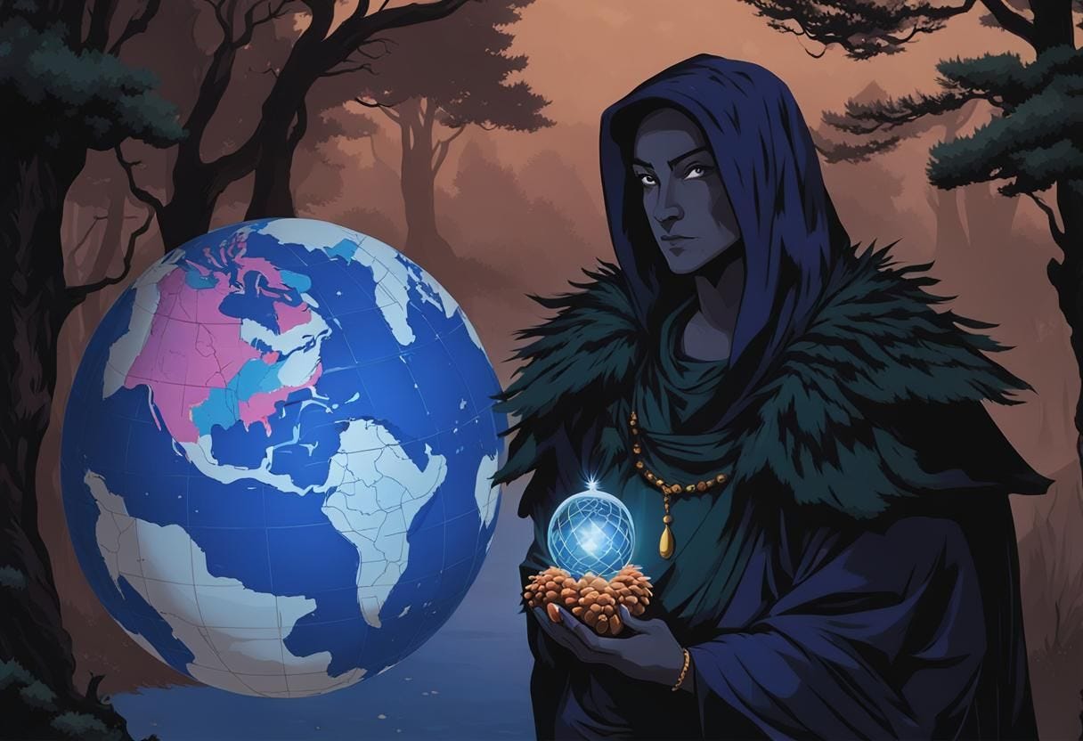 jj gohan the emperor as a queen with a pine cone in the hand - pine cone as map
pine cone as globe

background: landscap...