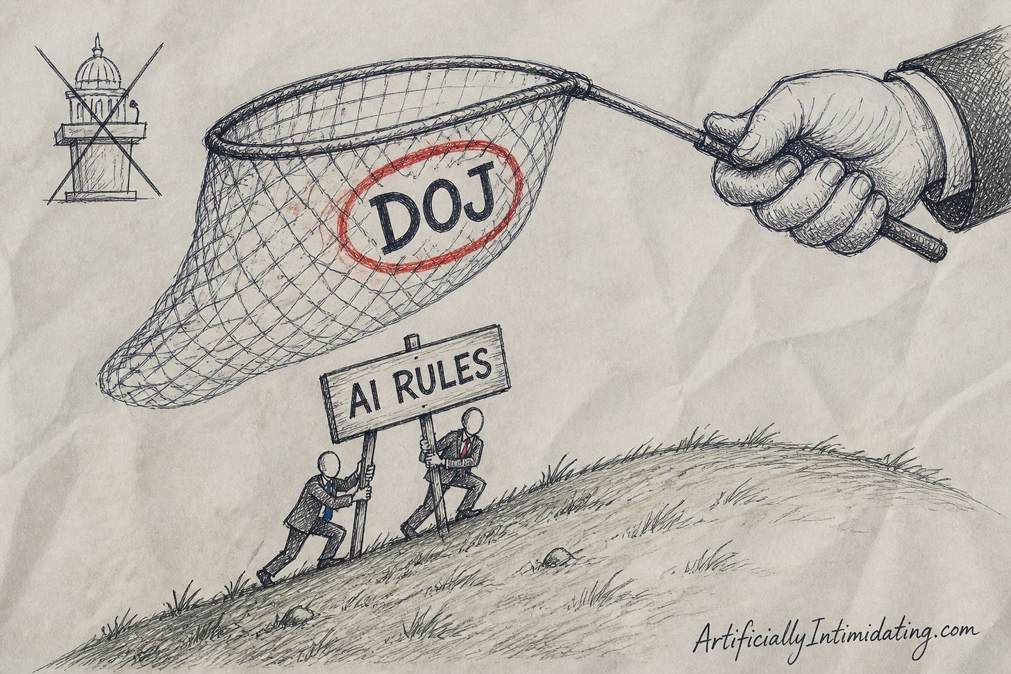 Two small suited officials, one in a blue tie and one in a red tie, carry a signpost reading AI RULES up a hill while a giant hand holds a net labeled DOJ above them, circled in red. Two small suited officials, one in a blue tie and one in a red tie, carry a signpost reading AI RULES up a hill while a giant hand holds a net labeled DOJ above them, circled in red.