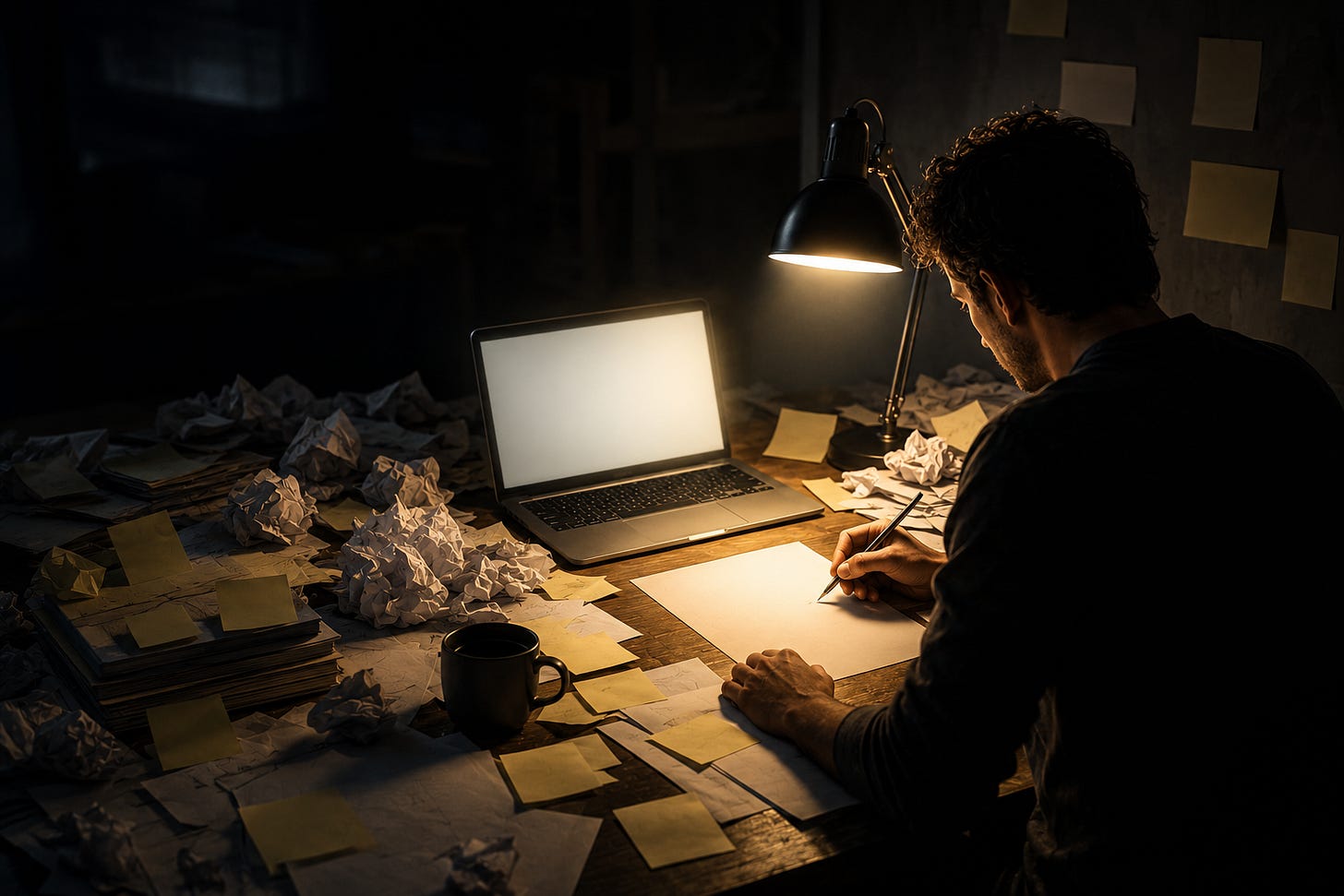 persona al computer con un sacco di cartacce e appunti sul tavolo