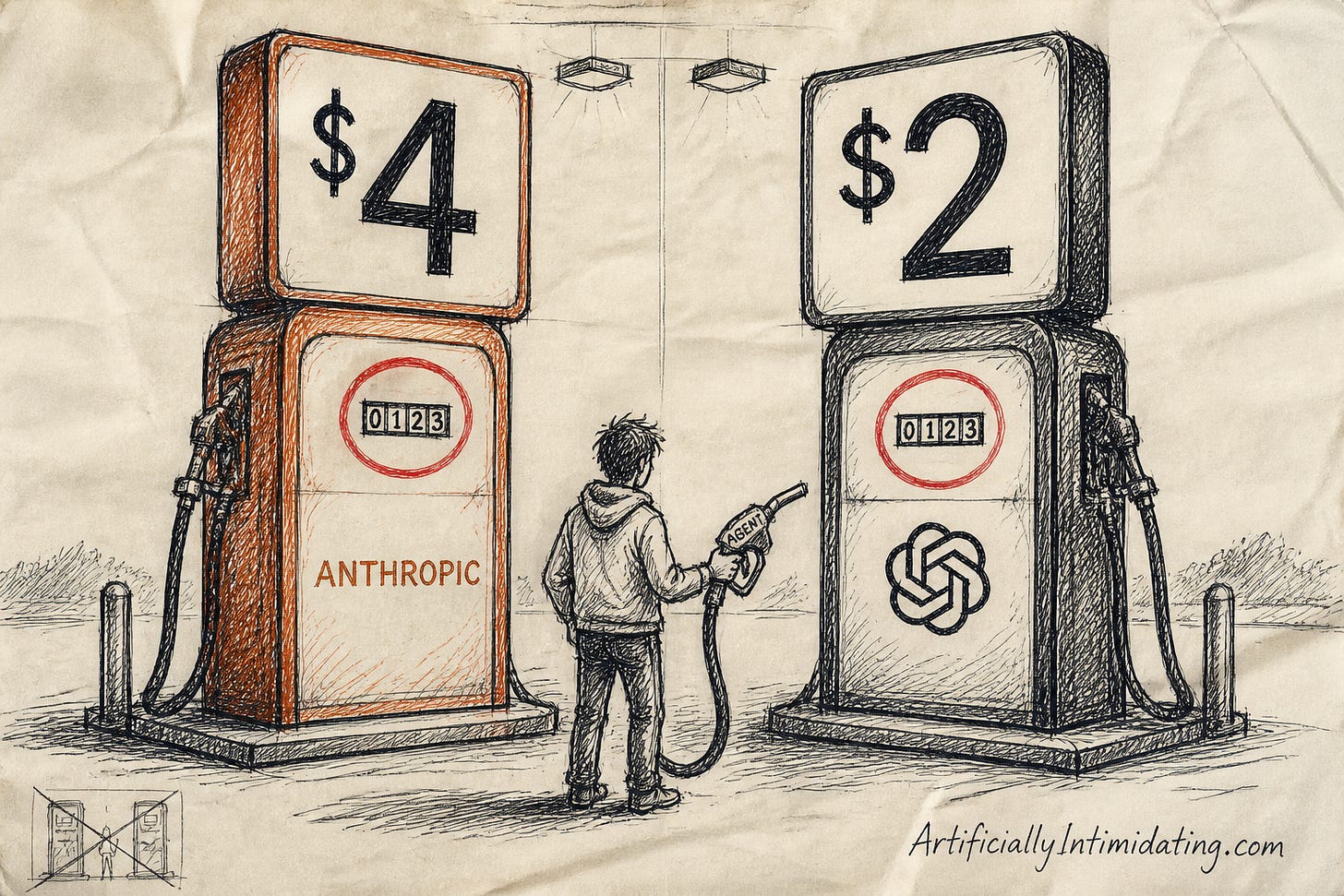 A hand-drawn illustration of two giant gas pumps, a rust-orange Anthropic pump with a $4 sign and a black OpenAI pump with a $2 sign, while a small developer holding a nozzle labeled AGENT notices both meters read the same number.