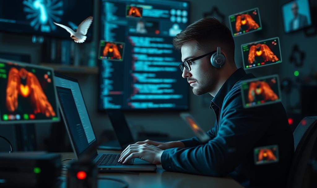 A coder working on a laptop with floating images around him randomly.